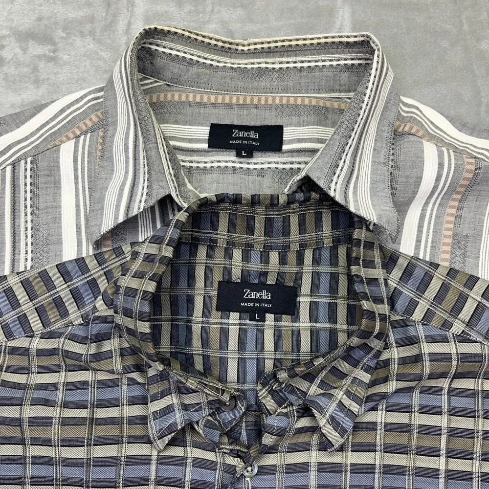 Lot of 2 Zanella Button-Up Shirt Plaid Striped‎ Long Sleeve Made in Italy L Boho